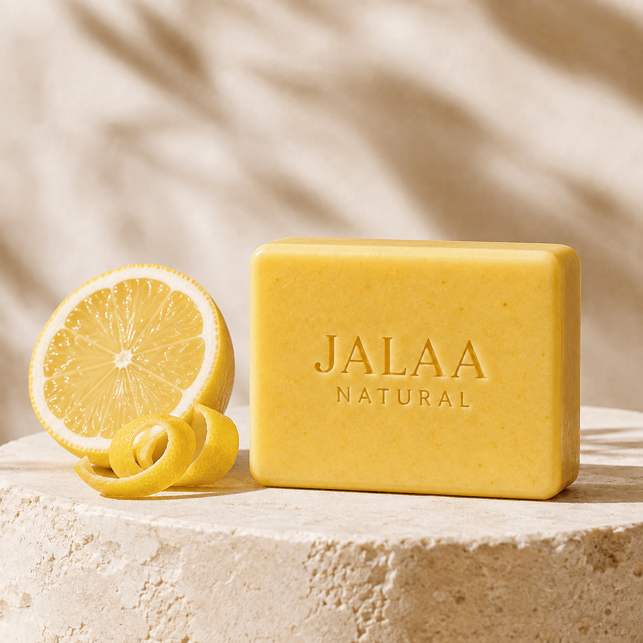 Jalaa Natural Lemon soap bar with fresh lemon โ Crisp citrus with a lively, clean scent.