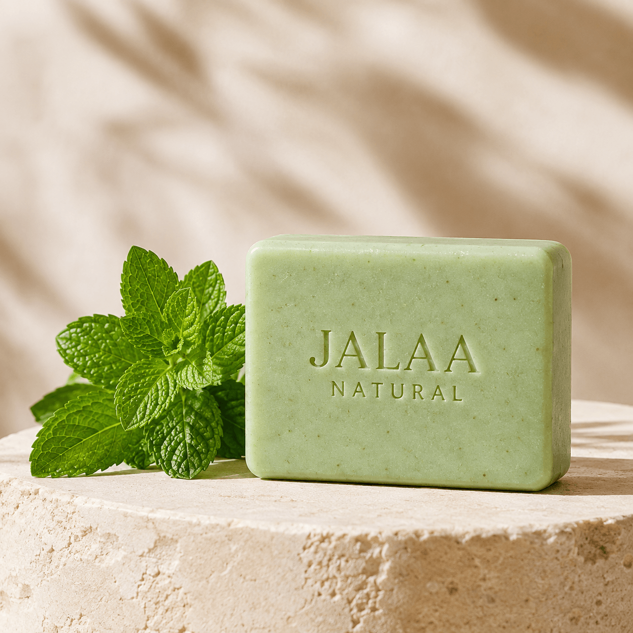 Jalaa Natural Peppermint soap bar with fresh peppermint โ Fresh, bright and cooling in character.