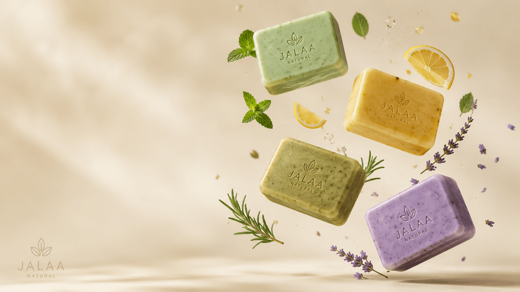Four handmade Jalaa Natural soap bars โ peppermint, lemon, rosemary and lavender โ with fresh mint, citrus, rosemary and lavender accents